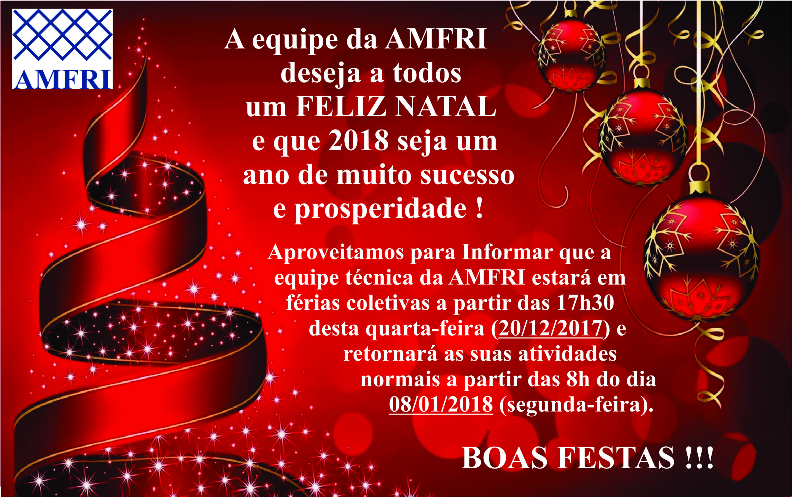 You are currently viewing Comunicado: Férias Coletivas Equipe Técnica da AMFRI e Boas Festas