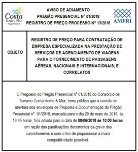 Read more about the article Pregão Presencial do Consórcio de Turismo Costa Verde & Mar é transferido para o dia 8/6