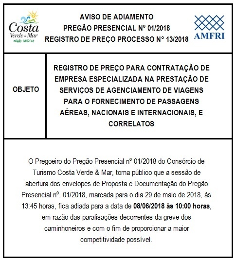 You are currently viewing Pregão Presencial do Consórcio de Turismo Costa Verde & Mar é transferido para o dia 8/6