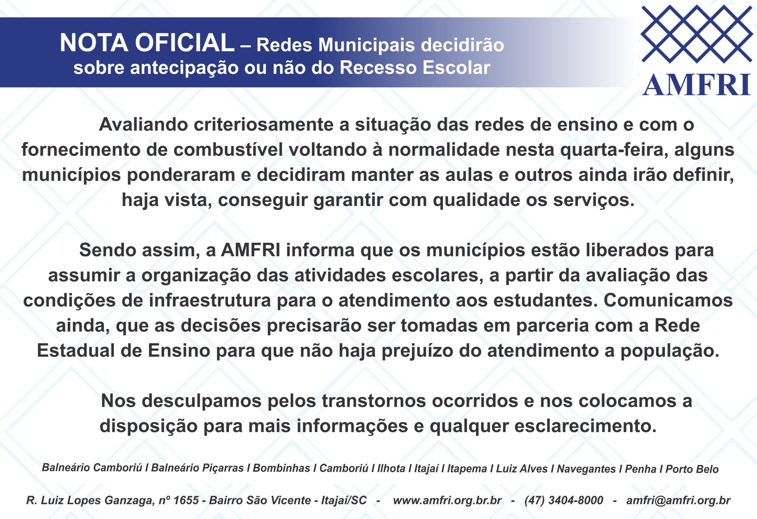 You are currently viewing NOTA OFICIAL – Redes Municipais decidirão internamente sobre antecipação ou não do Recesso Escolar