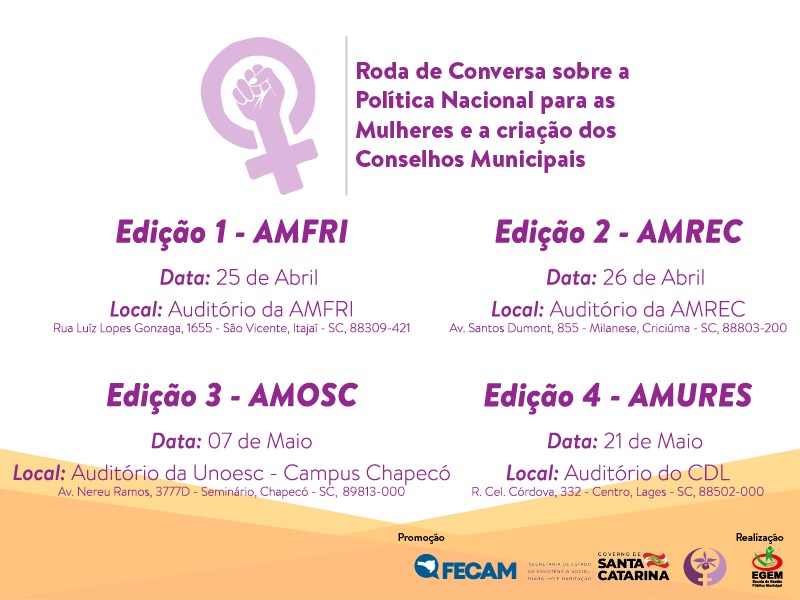 You are currently viewing Inscrições abertas para Roda de Conversa sobre a Política Nacional para as Mulheres e a Criação dos Conselhos Municipais