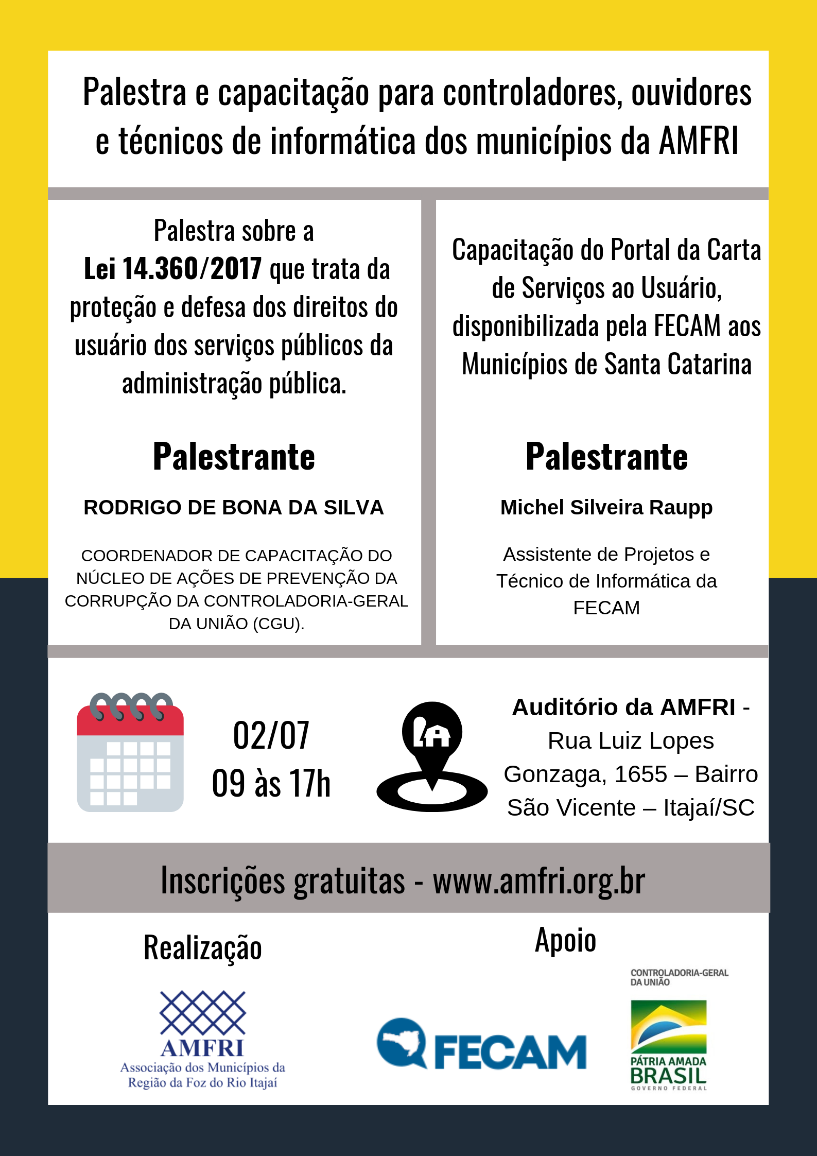 You are currently viewing Portal da Carta de Serviços ao Usuário da FECAM e Lei 14.360/2017 serão temas de palestra e capacitação na AMFRI