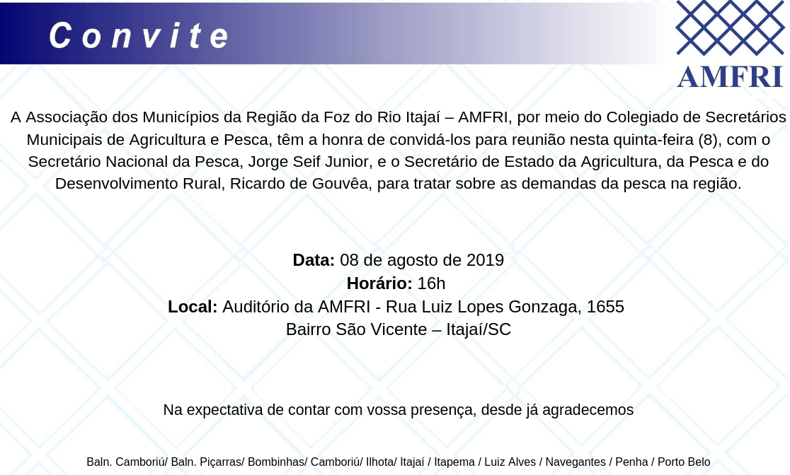 You are currently viewing AVISO DE PAUTA: Secretário Nacional da Aquicultura e Pesca e Secretário de Estado Agricultura, da Pesca e do Desenvolvimento Rural participam de reunião na AMFRI nesta quinta-feira (8)