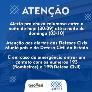 Read more about the article Alerta pra chuva volumosa entre a noite desta quinta-feira até a noite de domingo