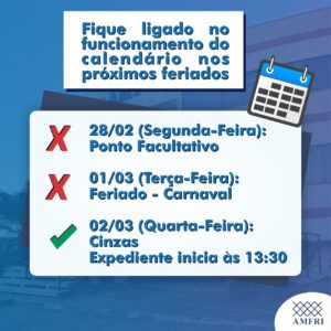 Read more about the article Fique ligado no funcionamento do calendário da AMFRI no próximo feriado