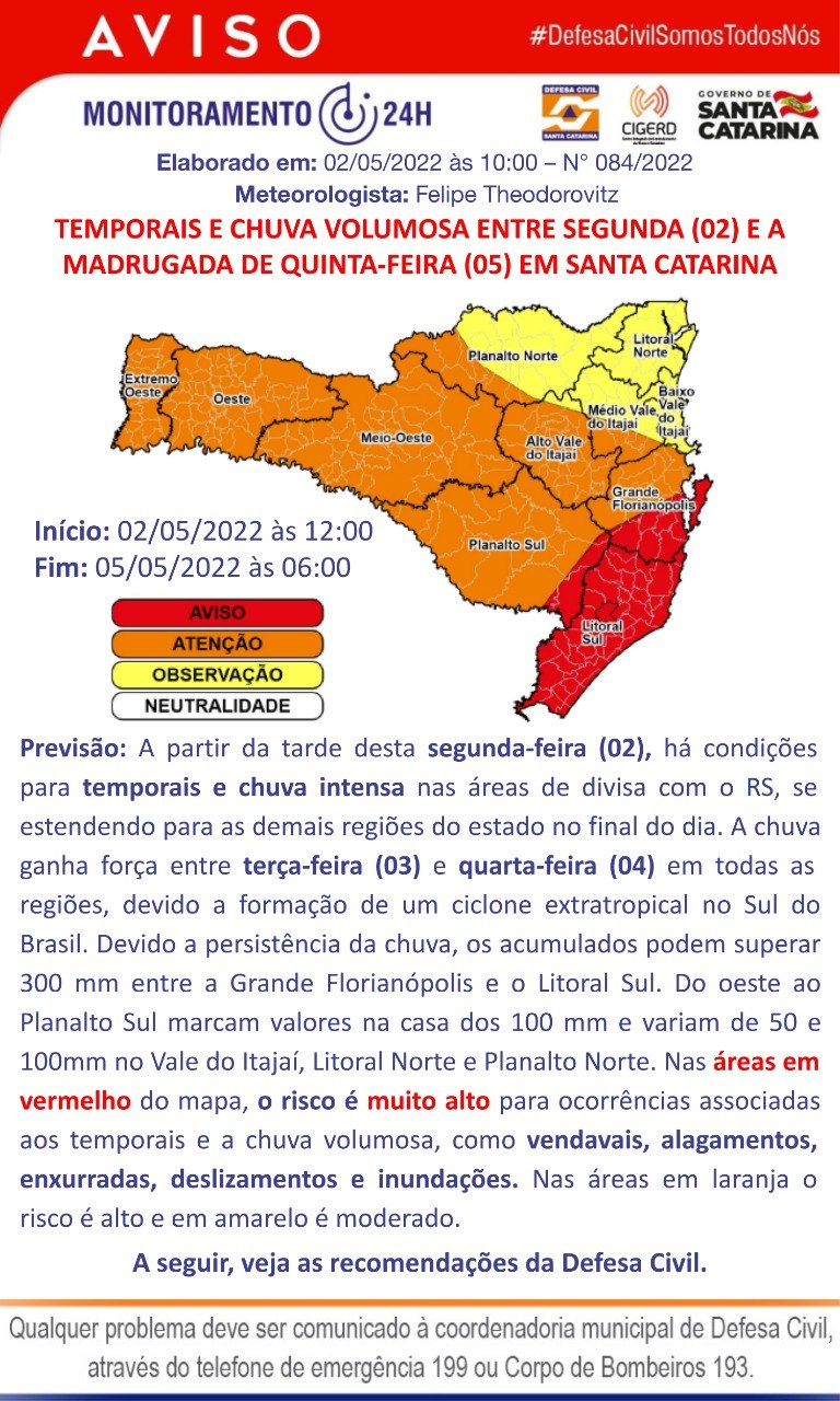 You are currently viewing Alerta para chuva volumosa entre segunda-feira (02/05) até a madrugada de quinta-feira (05/05)